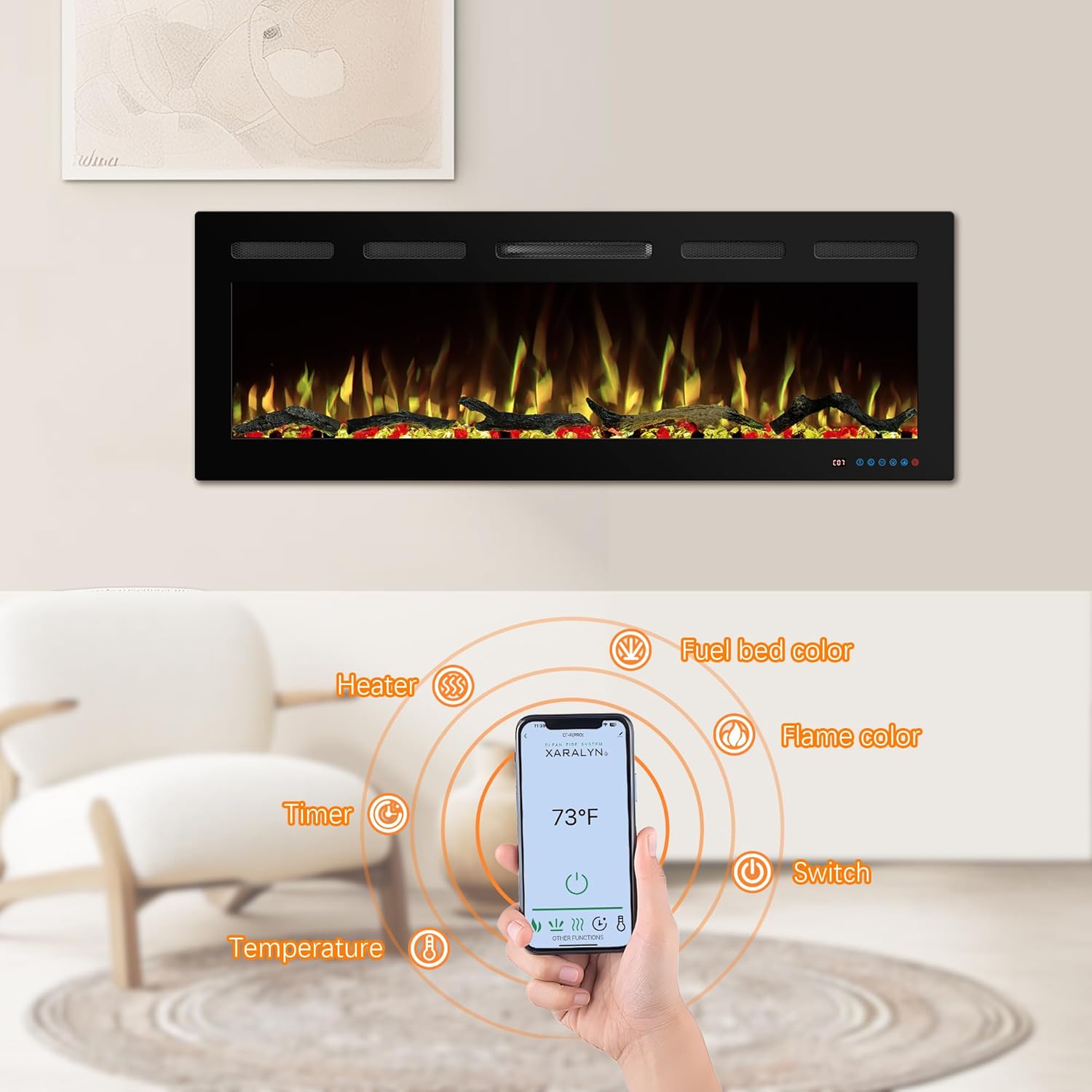 WiFi Electric Fireplace Inserts, Recessed and Wall Mounted Fireplace Heater W/Adjustable Flame Color & Brightness, Thermostat, 9H Timer, App and Remote Control, Low Noise, 750/1500W - Kentsky