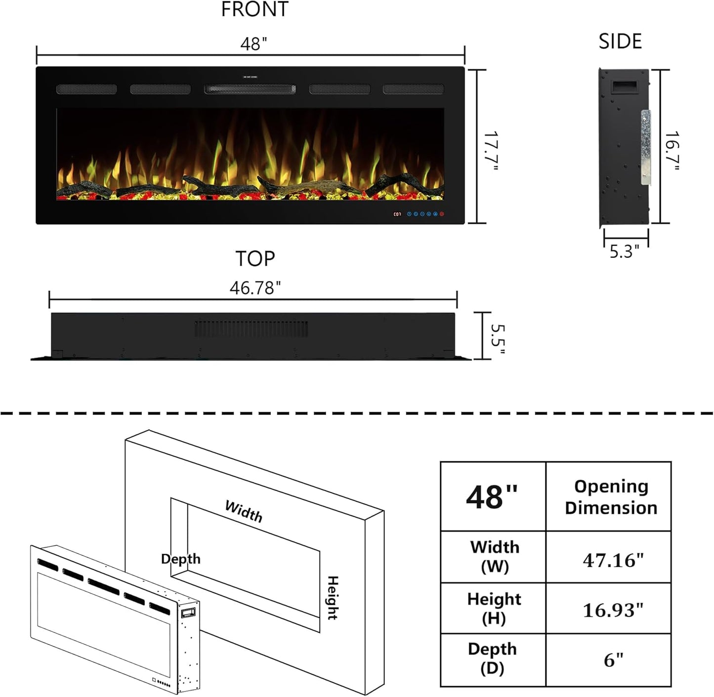 WiFi Electric Fireplace Inserts, Recessed and Wall Mounted Fireplace Heater W/Adjustable Flame Color & Brightness, Thermostat, 9H Timer, App and Remote Control, Low Noise, 750/1500W - Kentsky
