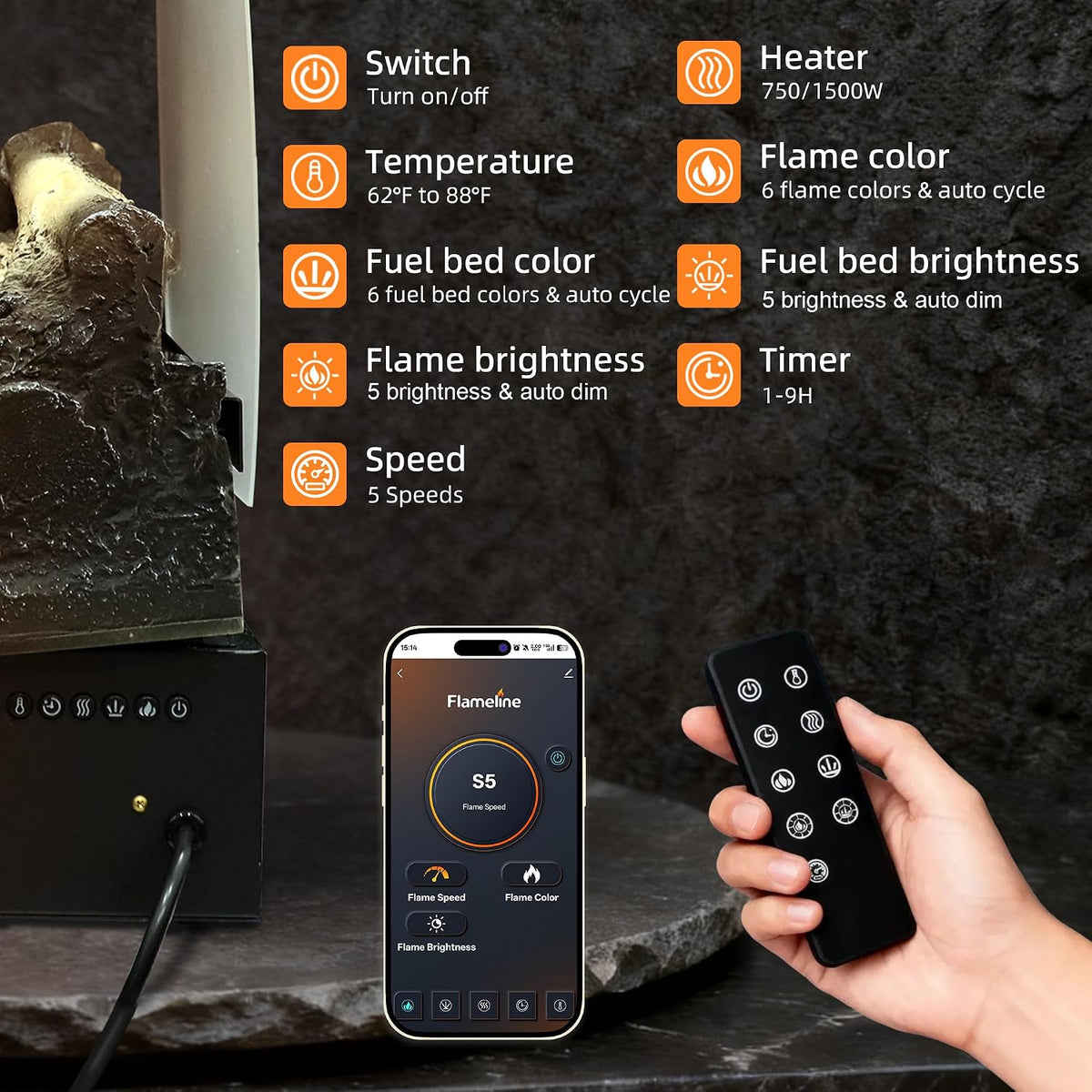 WiFi Freestanding Electric Fireplace Log Set - 9H Timer, Thermostat, 6 Flame Colors, 5 Levels Brightness & Speeds | TL23 - Kentsky