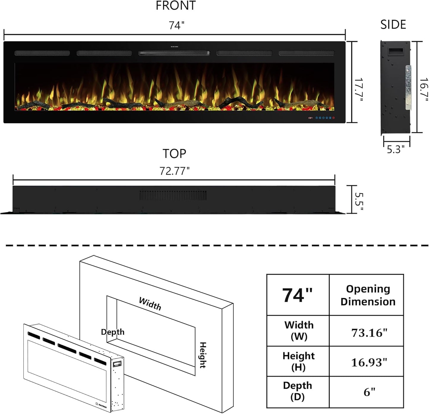 WiFi Wall - Mounted Electric Fireplace - 13 Flame Colors, App Control - Kentsky