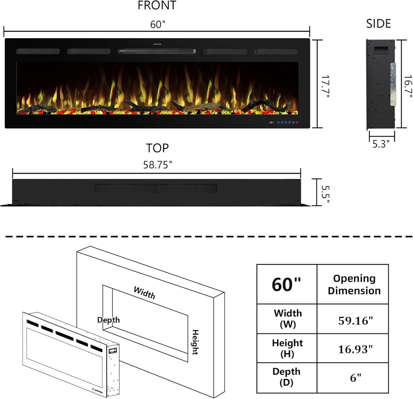 WiFi Wall - Mounted Electric Fireplace - 13 Flame Colors, App Control - Kentsky