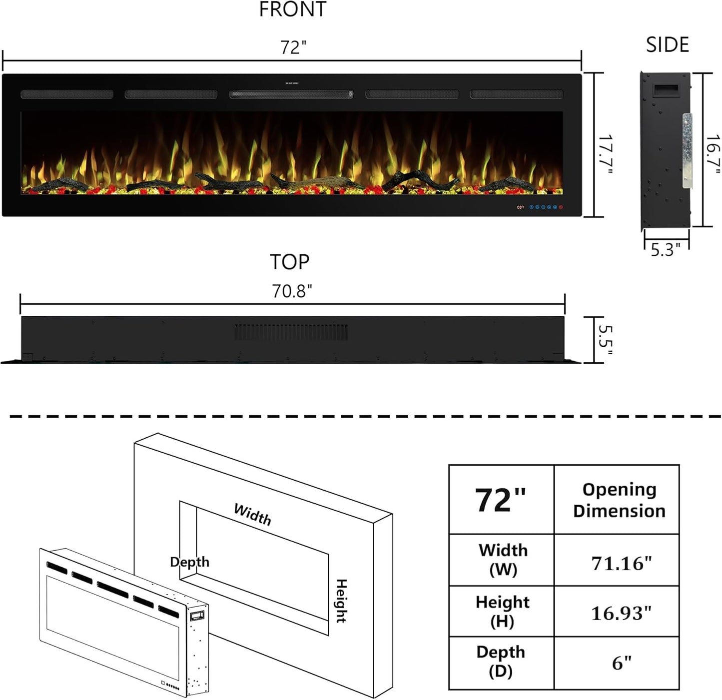 WiFi Wall - Mounted Electric Fireplace - 13 Flame Colors, App Control - Kentsky