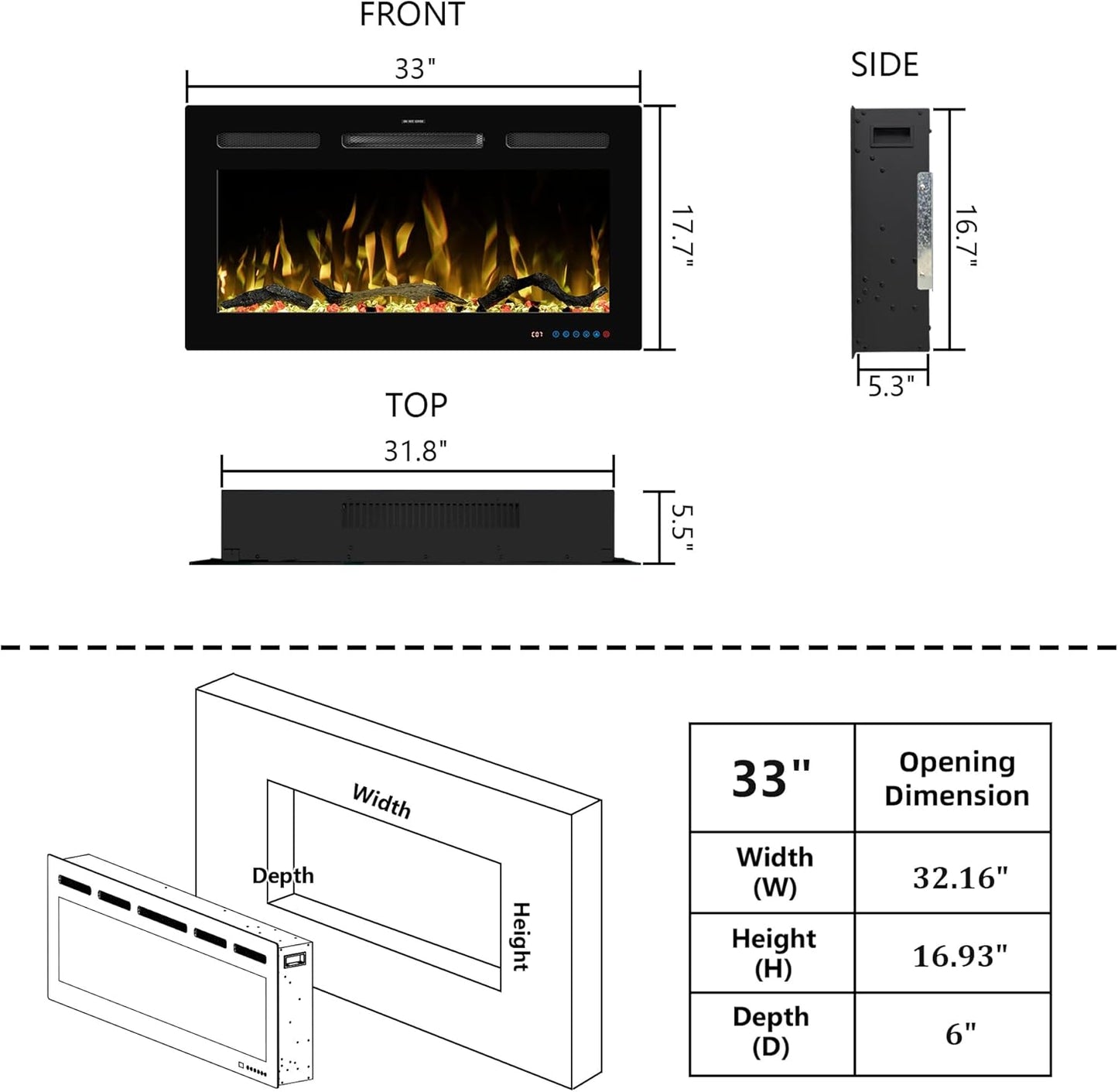 WiFi Wall - Mounted Electric Fireplace - 13 Flame Colors, App Control - Kentsky