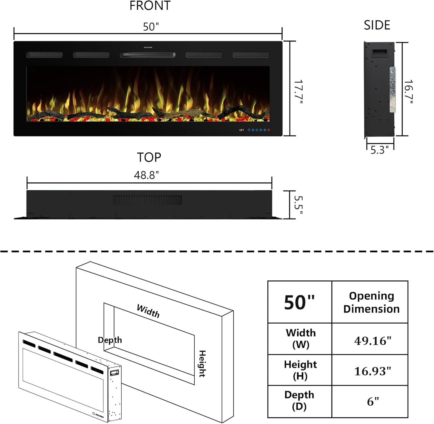 WiFi Wall - Mounted Electric Fireplace - 13 Flame Colors, App Control - Kentsky