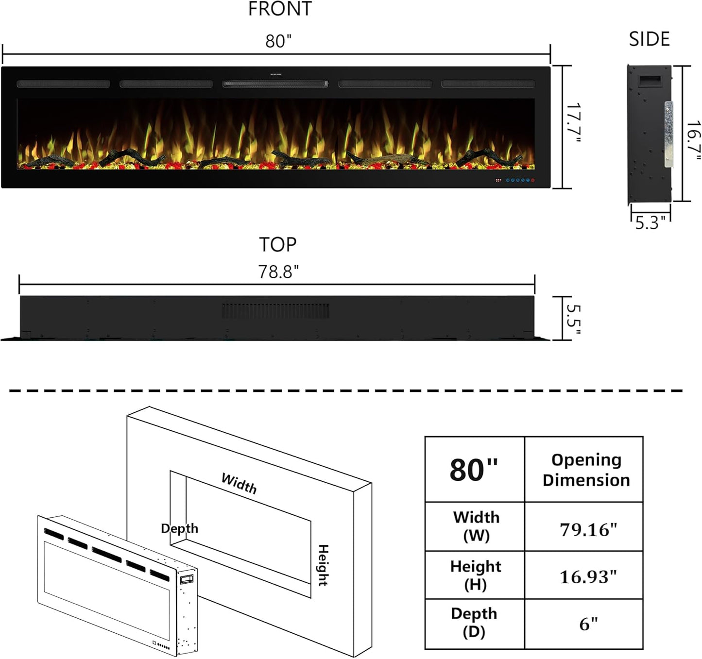 WiFi Wall - Mounted Electric Fireplace - 13 Flame Colors, App Control - Kentsky