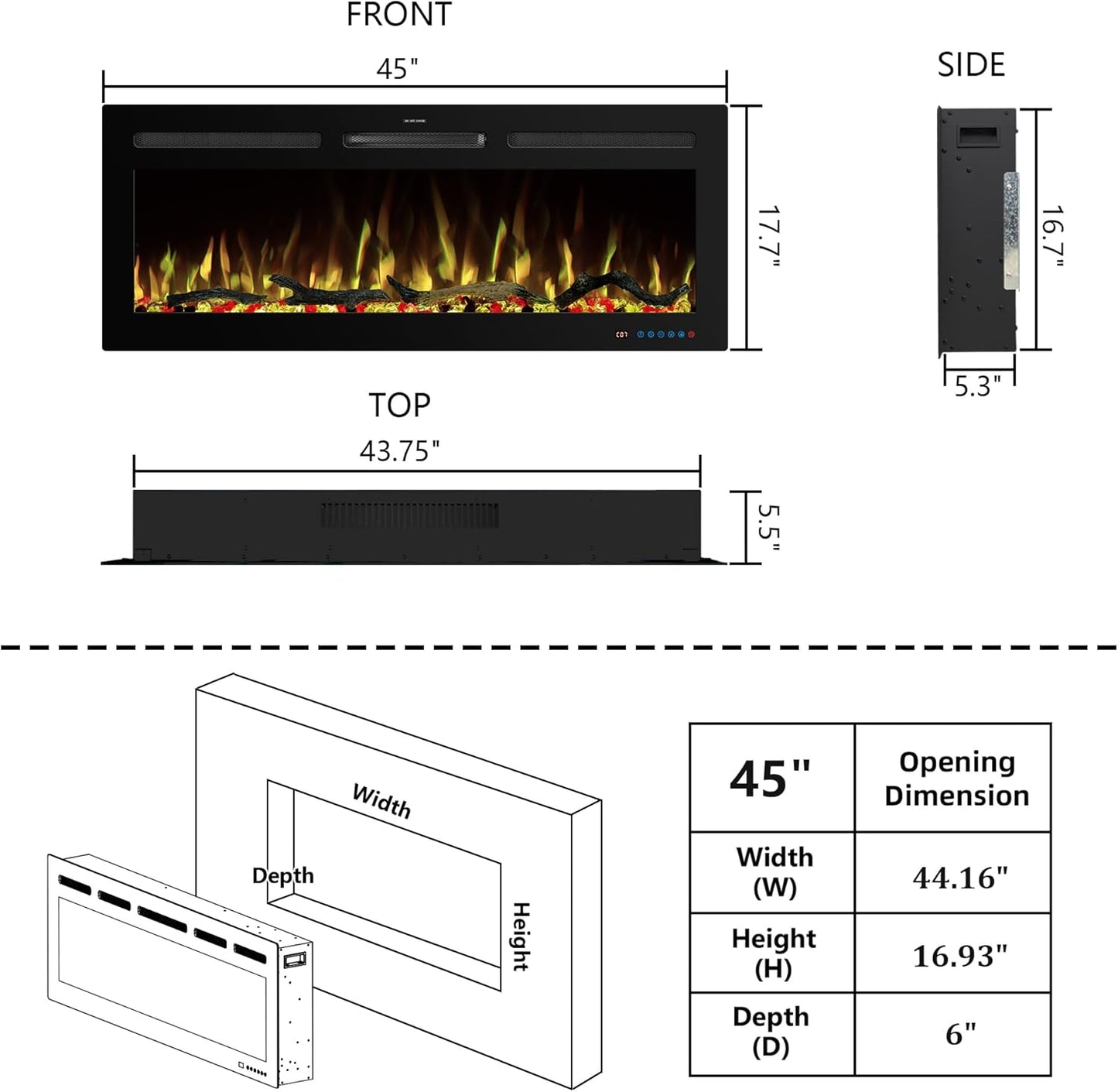 WiFi Wall - Mounted Electric Fireplace - 13 Flame Colors, App Control - Kentsky