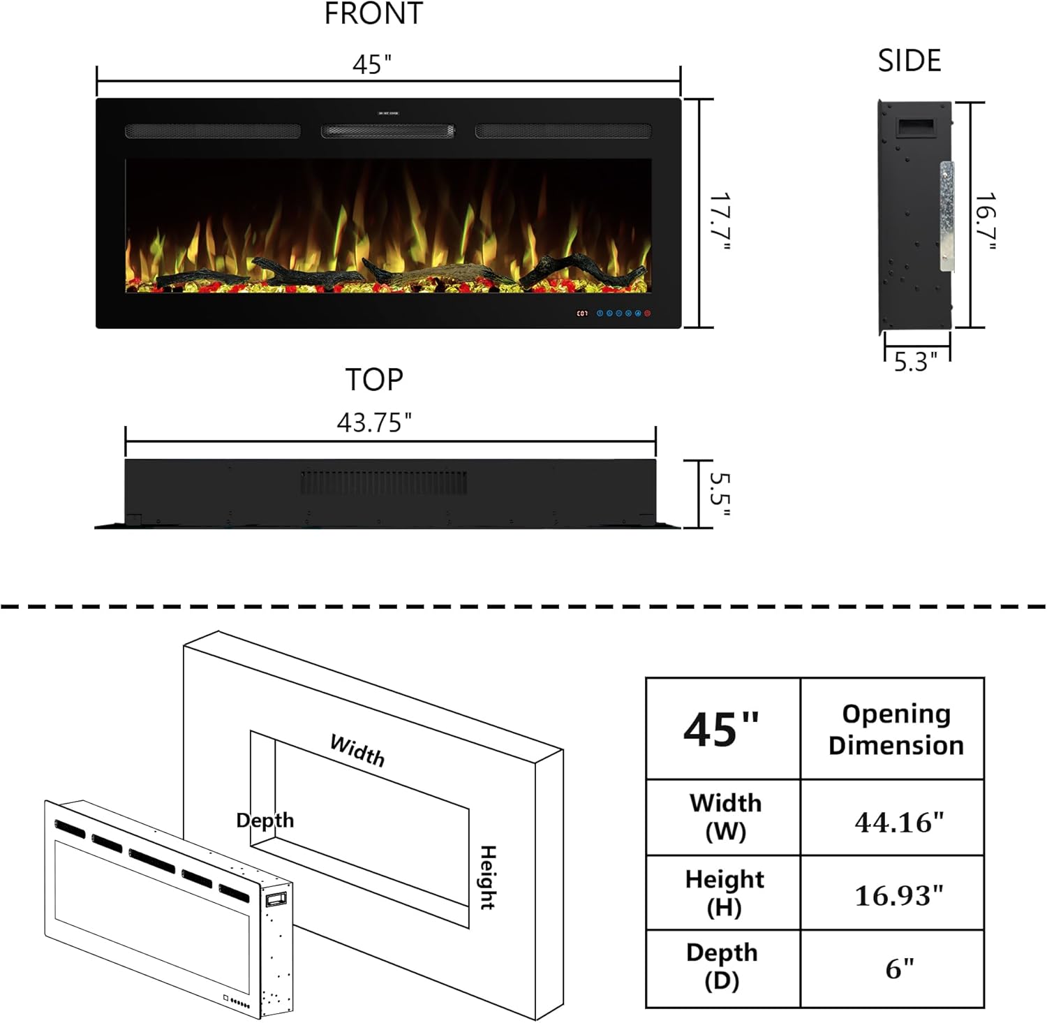 WiFi Wall - Mounted Electric Fireplace - 13 Flame Colors, App Control - Kentsky