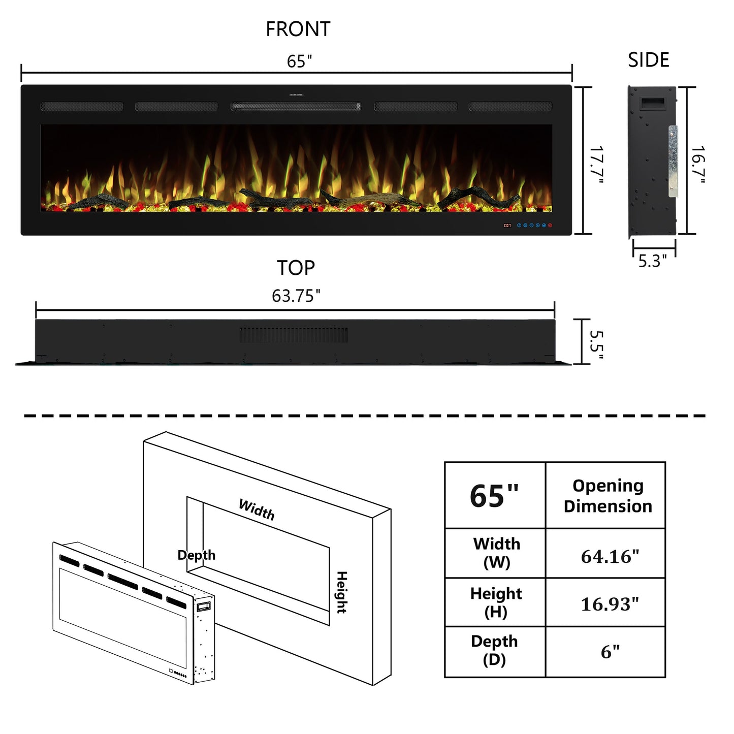 WiFi Wall - Mounted Electric Fireplace - 13 Flame Colors, App Control - Kentsky